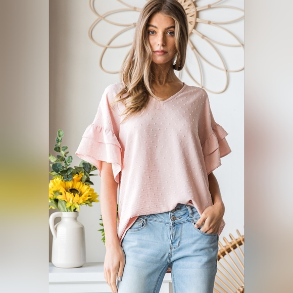 Heimish Full Size Swiss Dot Ruffle Short Sleeve Top - Picture 6 of 8